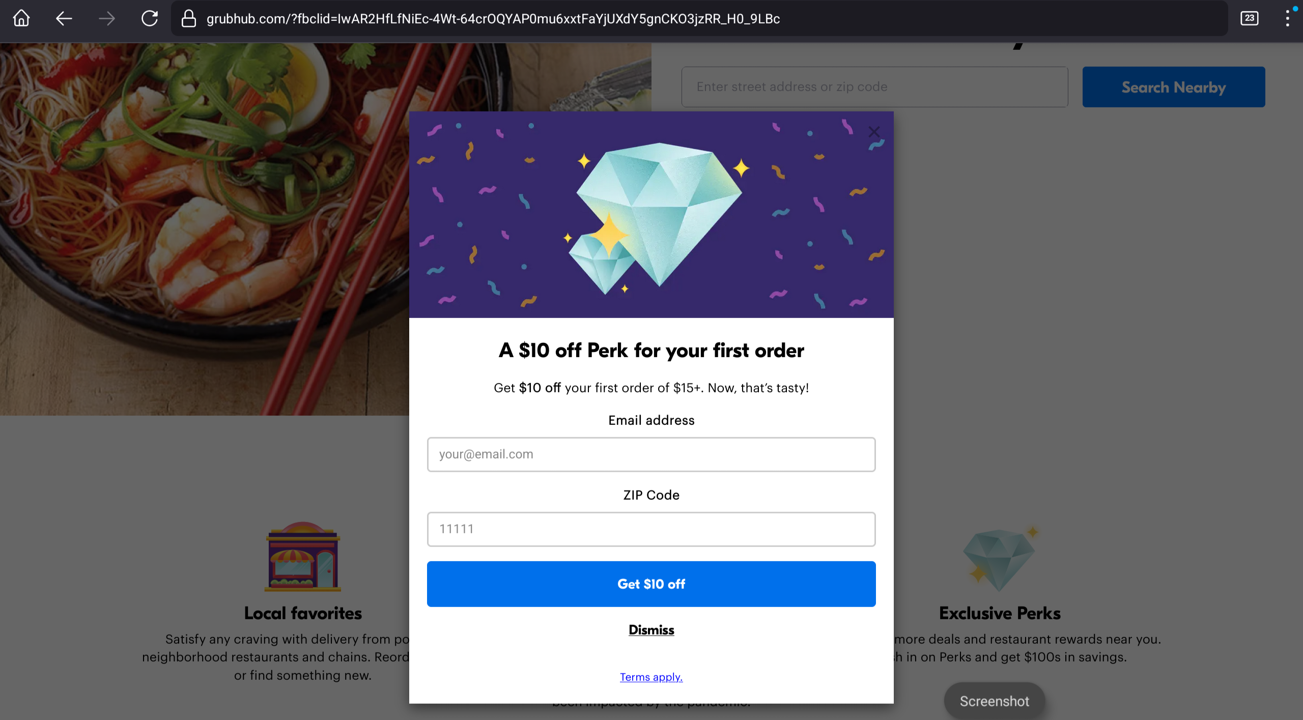 A pop-up for a discount in the GrubHub landing page.
